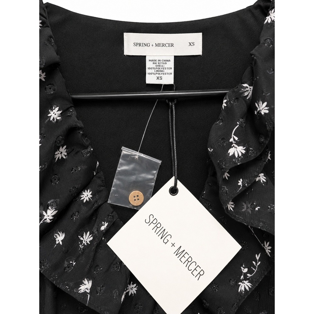 Spring + Mercer Black Floral Swiss Dot Ruffle Wrap Mini Dress XS NWT - Picture 3 of 10